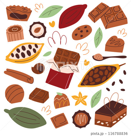 Vector illustration set of chocolate treats, candies, cakes, bars, cocoa beans. Flat, cartoon style, perfect for dessert and sweet themes. Delicious chocolate collection, isolated colored clipart 116788836