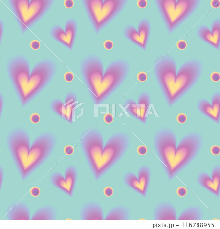Seamless pattern y2k aura. Blurred heart, butterfly and stars with aura in trendy style y2k on green background. 116788955