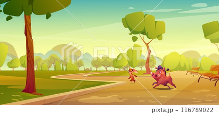 Park street with bench landscape and wild animal 116789022