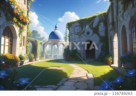 ゲーム背景 ヨーロッパ風中庭のあるお屋敷と町の風景 ゲーム背景 ヨーロッパ風中庭のあるお屋敷と町の風景 116789263