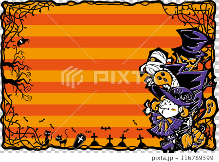 背景素材＜背景・フレーム・ハロウィン5＜カラー＞・魔法使い・ドラキュラ・ミイラ男・お化け・横位置＞ 116789399
