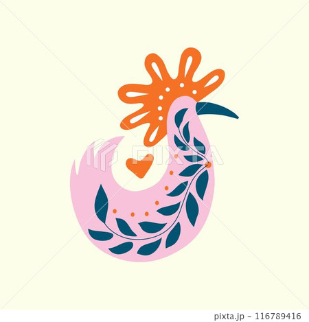 Folk ornamental bird and heart. Best for greeting card. Template vector illustration. 116789416