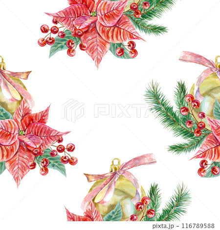 Poinsettia seamless pattern, golden ball, berries. Hand drawn watercolor illustration isolated on white. For Christmas, New Year greeting cards, covers, wrapping paper, textiles, fabric, wallpaper. Poinsettia seamless pattern, golden ball, berries. Hand drawn watercolor illustration isolated on white. For Christmas, New Year greeting cards, covers, wrapping paper, textiles, fabric, wallpaper. 116789588