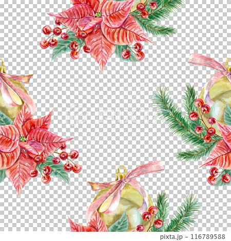 Poinsettia seamless pattern, golden ball, berries. Hand drawn watercolor illustration isolated on white. For Christmas, New Year greeting cards, covers, wrapping paper, textiles, fabric, wallpaper. Poinsettia seamless pattern, golden ball, berries. Hand drawn watercolor illustration isolated on white. For Christmas, New Year greeting cards, covers, wrapping paper, textiles, fabric, wallpaper. 116789588