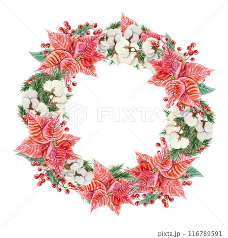 Christmas wreath. Poinsettia, fir branches, cotton, berries. Hand drawn watercolor illustration isolated on white background. New Year greeting cards, invitations, posters, banners, covers, labels. Christmas wreath. Poinsettia, fir branches, cotton, berries. Hand drawn watercolor illustration isolated on white background. New Year greeting cards, invitations, posters, banners, covers, labels. 116789591