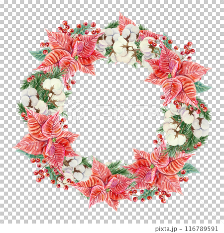 Christmas wreath. Poinsettia, fir branches, cotton, berries. Hand drawn watercolor illustration isolated on white background. New Year greeting cards, invitations, posters, banners, covers, labels. Christmas wreath. Poinsettia, fir branches, cotton, berries. Hand drawn watercolor illustration isolated on white background. New Year greeting cards, invitations, posters, banners, covers, labels. 116789591