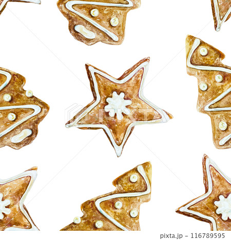 Ginger cookies seamless pattern. Hand drawn watercolor illustration isolated on white background. For Christmas, New Year greeting cards, covers, wrapping paper, textiles, fabric, wallpaper, labels. 116789595