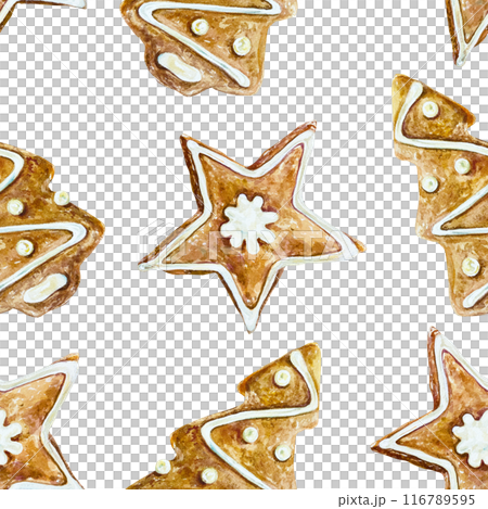Ginger cookies seamless pattern. Hand drawn watercolor illustration isolated on white background. For Christmas, New Year greeting cards, covers, wrapping paper, textiles, fabric, wallpaper, labels. Ginger cookies seamless pattern. Hand drawn watercolor illustration isolated on white background. For Christmas, New Year greeting cards, covers, wrapping paper, textiles, fabric, wallpaper, labels. 116789595
