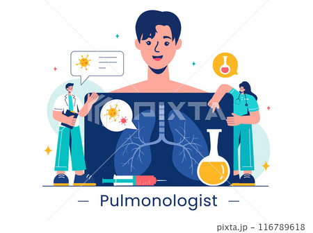 Pulmonologist Vector Illustration with Pulmonology Doctor, Lungs, Respiratory System Examination, and Treatment in Flat Style Cartoon Background 116789618