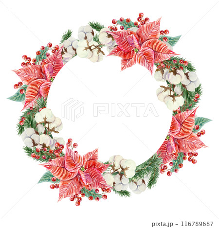 Christmas wreath. Poinsettia, cotton, spruce branches, berries. Hand drawn watercolor illustration isolated on white background. New Year greeting cards, invitations, posters, banners, covers, labels. 116789687