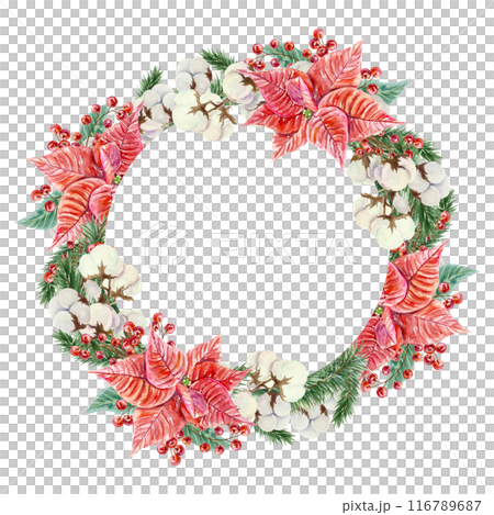 Christmas wreath. Poinsettia, cotton, spruce branches, berries. Hand drawn watercolor illustration isolated on white background. New Year greeting cards, invitations, posters, banners, covers, labels. 116789687