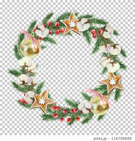 Christmas wreath. Fir branches, cotton, gingerbread cookies, berries, golden balls. Watercolor illustration isolated on white. New Year cards, invitations, posters, banners, covers, labels. 116789689