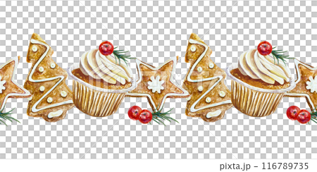 Gingerbread cookies seamless border, cupcakes. Hand drawn watercolor illustration isolated on white. Christmas, New Year greeting cards, covers, wrapping paper, textiles, fabric, wallpaper, labels. Gingerbread cookies seamless border, cupcakes. Hand drawn watercolor illustration isolated on white. Christmas, New Year greeting cards, covers, wrapping paper, textiles, fabric, wallpaper, labels. 116789735