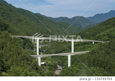 滝沢ダムの堤体から見た雷電廿六木橋 116789769