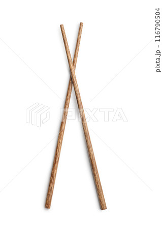 Pair of wooden chopsticks isolated on white background. 116790504
