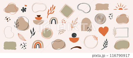 Organic abstract shape vector set. Abstract pastel brush element for logo, background. Organic hand drawn doodle line shape, elegant pastel color label graphic design. Vector 116790917
