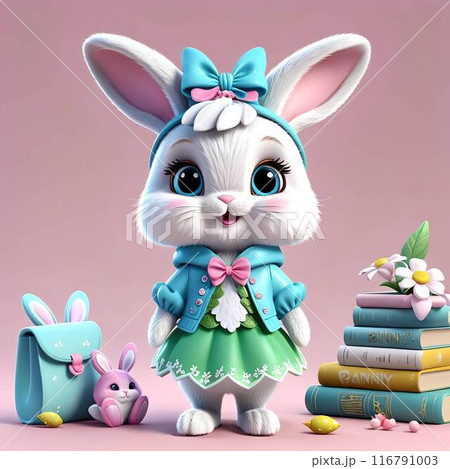 A cute little bunny in a blue shirt and a bright green skirt. A cute little bunny in a blue shirt and a bright green skirt. 116791003