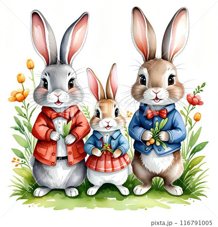 A family of little rabbits in a flower field. A family of little rabbits in a flower field. 116791005