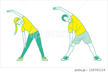 一緒に体操をする笑顔の男女：ストレッチ 116791114