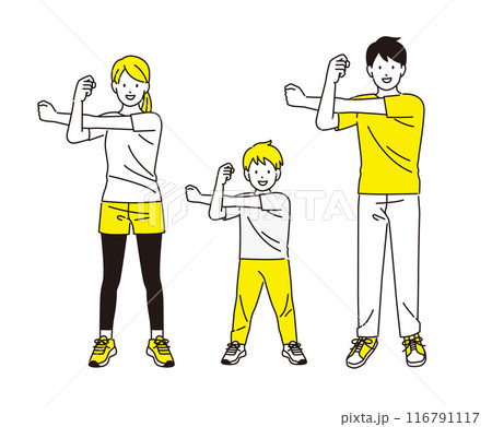 一緒に体操をする家族：腕のストレッチ 116791117