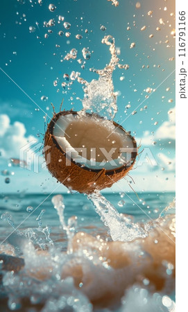 Coconut with milk on the background of the sea beach with palm trees 116791166