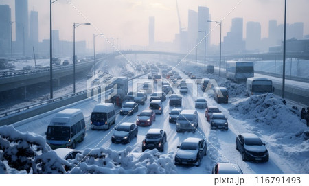 Traffic jam on autobahn caused after heavy snowfall in evening. Neural network ai generated art 116791493