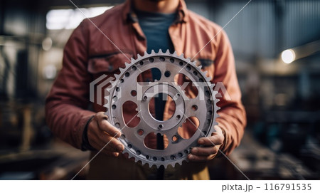 Skillful factory worker holds machine part in workshop. Industry and engineering technology concept. Neural network ai generated art 116791535