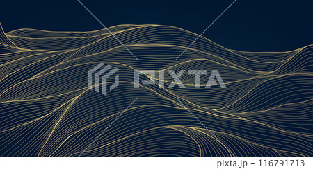 Vector wave japanese background, line sea, ocean gold on blue pattern. Flow water curve graphic, luxury asian water illustration Vector wave japanese background, line sea, ocean gold on blue pattern. Flow water curve graphic, luxury asian water illustration 116791713