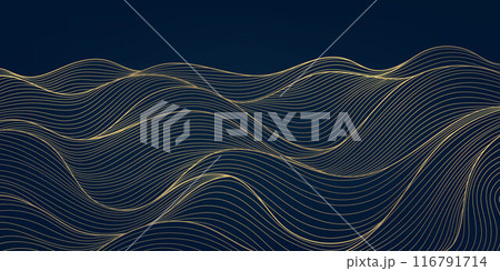 Vector wave japanese background, line sea, ocean gold on blue pattern. Flow water curve graphic, luxury asian water illustration Vector wave japanese background, line sea, ocean gold on blue pattern. Flow water curve graphic, luxury asian water illustration 116791714