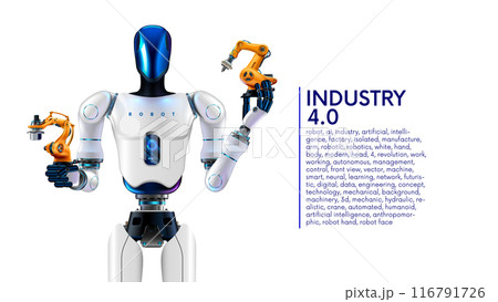 AI management work robots on factory. Humanoid robot with artificial intelligence or AI controls robotics arms on factory or manufacture. Industry 4.0. AI technology in industrial revolution. Concept 116791726