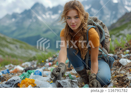 Woman volunteer is picking up trash in the mountains 116791782