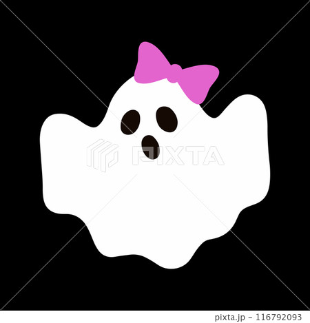 Cute ghost with a pink bow. Happy halloween funny scary character, spooky expression creature. Holiday print. Mystery creative vector clipart 116792093
