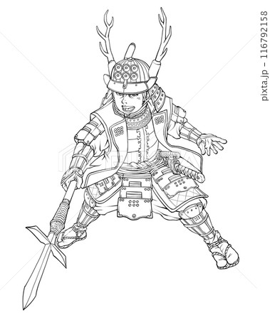 十文字槍を持った戦国武将の真田幸村 線画のイラスト素材 [116792158