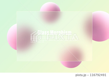 Glass morphism effect. Bank card or banner made of transparent glass with pink spheres. 116792491