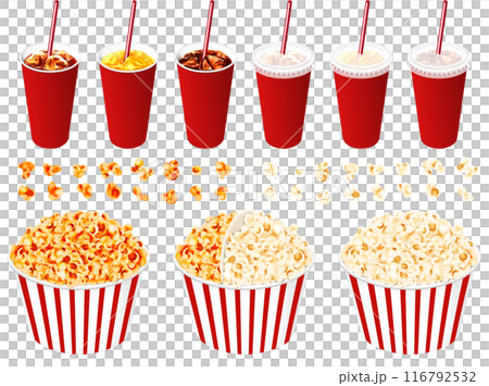 ポップコーンとドリンク　塩　キャラメル　ハーフ＆ハーフ　コーラ　アイスコーヒー　オレンジジュース 116792532