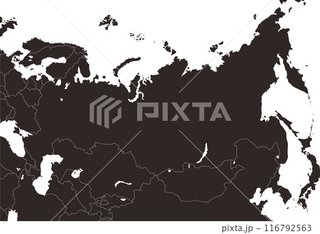 ロシア連邦と周辺国の国境のある地図、シルエット、モノクロ ロシア連邦と周辺国の国境のある地図、シルエット、モノクロ 116792563