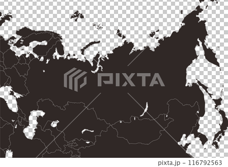 ロシア連邦と周辺国の国境のある地図、シルエット、モノクロ ロシア連邦と周辺国の国境のある地図、シルエット、モノクロ 116792563