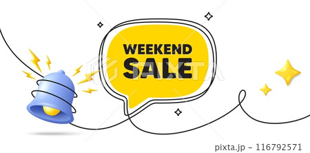 Weekend Sale tag. Continuous line art banner. Special offer price sign. Advertising Discounts symbol. Weekend sale speech bubble background. Wrapped 3d bell icon. Vector Weekend Sale tag. Continuous line art banner. Special offer price sign. Advertising Discounts symbol. Weekend sale speech bubble background. Wrapped 3d bell icon. Vector 116792571