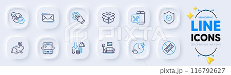 Bus, Corrupt and Touchscreen gesture line icons for web app. Pack of Messenger mail, Food app, Statistics pictogram icons. Furniture, Open box, Animal tested signs. Deflation. Vector 116792627