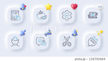 New message, Electric plug and Copywriting notebook line icons. Buttons with 3d bell, chat speech, cursor. Pack of Scissors, Mental conundrum, Execute icon. Tomato, Internet report pictogram. Vector 116792664