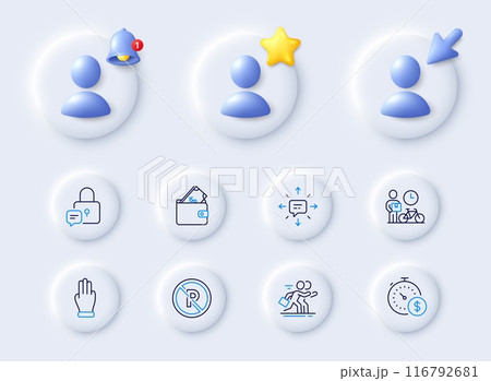 Wallet, Ð¡ompetition and Last minute line icons. Placeholder with 3d cursor, bell, star. Pack of Three fingers, Bike courier, Lock icon. No parking, Sms pictogram. For web app, printing. Vector 116792681