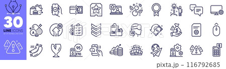 Bribe, Warning and Grilled sausage line icons pack. Augmented reality, Swipe up, Monitor settings web icon. Creative idea, Diet menu, Call center pictogram. Paper plane, Arena stadium. Vector 116792685