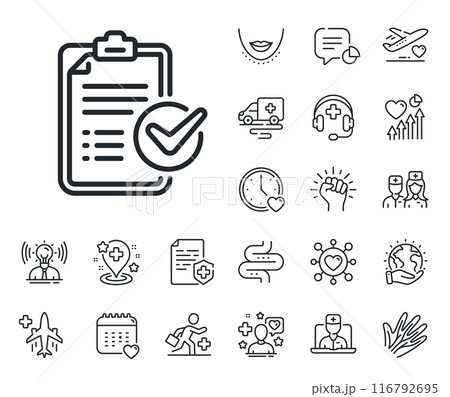 Report sign. Online doctor, patient and medicine outline icons. Survey checklist line icon. Business review symbol. Survey checklist line sign. Veins, nerves and cosmetic procedure icon. Vector 116792695