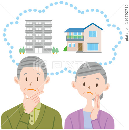 一戸建て マンション 賃貸か持ち家か悩むシニア夫婦のイラスト 116792719