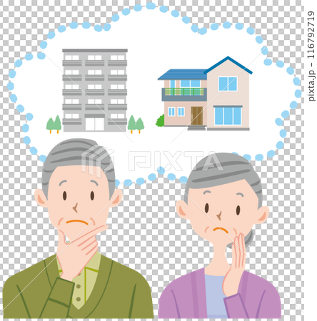 一戸建て マンション 賃貸か持ち家か悩むシニア夫婦のイラスト 116792719