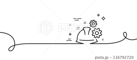 Engineering working process line icon. Continuous one line with curl. Engineer or architect helmet sign. Industrial job symbol. Working process single outline ribbon. Loop curve pattern. Vector Engineering working process line icon. Continuous one line with curl. Engineer or architect helmet sign. Industrial job symbol. Working process single outline ribbon. Loop curve pattern. Vector 116792720