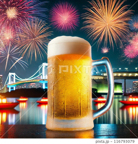 お台場の夜景に花火とビール 116793079