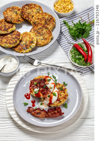 tasty cheese sweet corn pancakes with fried bacon tasty cheese sweet corn pancakes with fried bacon 116793346