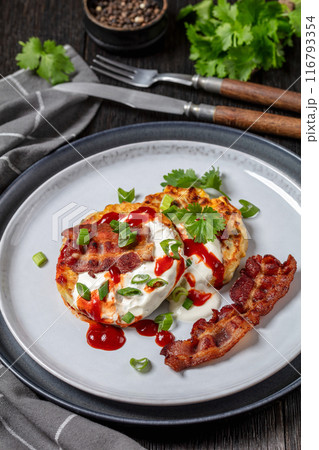 tasty cheese sweet corn pancakes with fried bacon 116793354