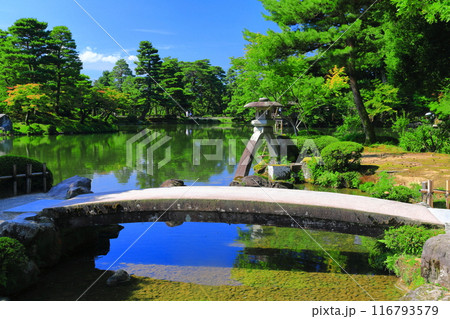 【石川県】晴天の兼六園 徽軫灯籠 【石川県】晴天の兼六園 徽軫灯籠 116793579